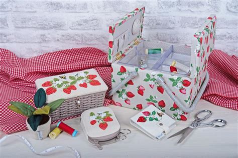 Large Sewing Box Twin Lid Square Natural Strawberries Sewing Boxes