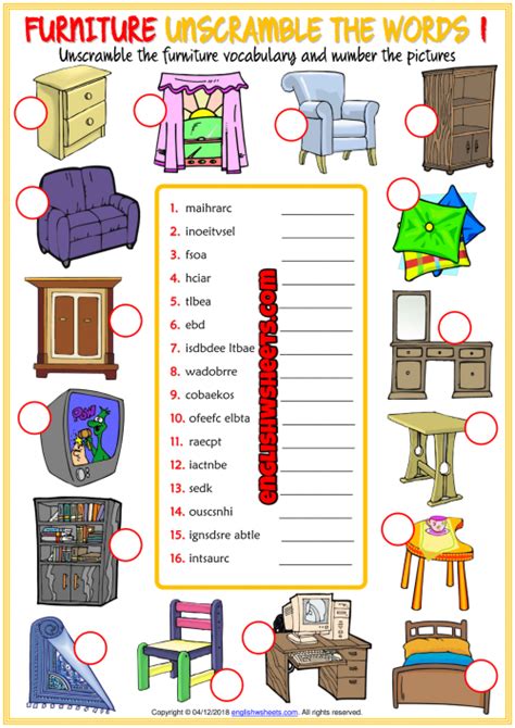 Furniture Esl Unscramble The Words Worksheets For Kids Vocabulary