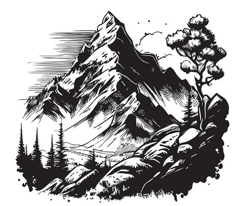 Mountains and forest nature hand drawn sketch Vector illustration ...