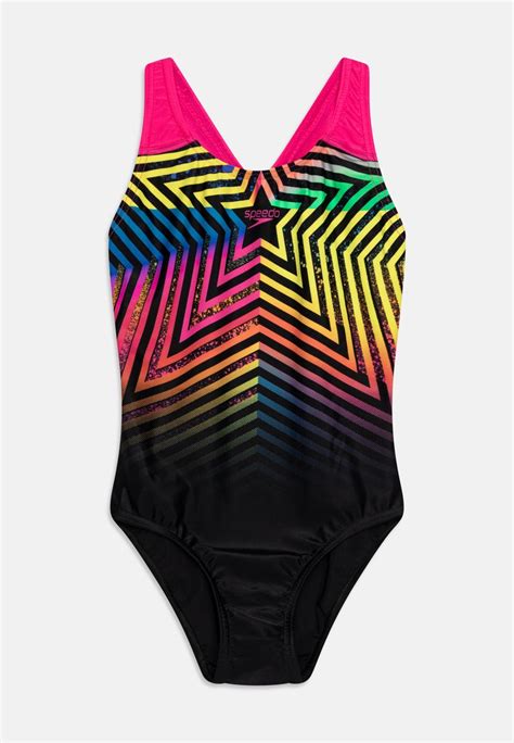 Speedo Girls Digital Placement Splashback Swimsuit Black Lemon