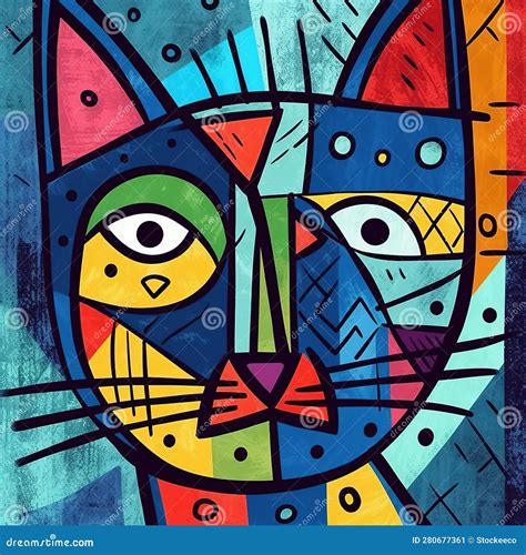 Imagen De Gato Con Facetas Cubistas De Colores Con Líneas De Dibujos