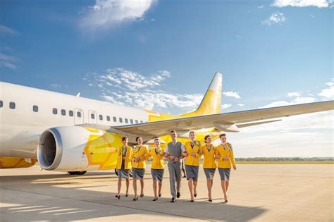 Sonrientes hombres y mujeres trabajadores de aerolíneas con uniforme de