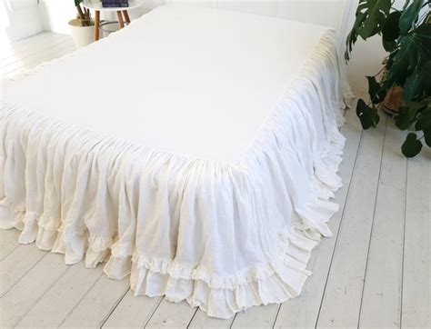 White Linen Dust Ruffle Gathered Bedspread Set 100% Linen - Etsy