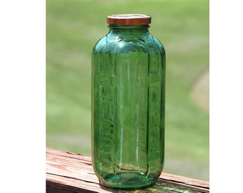 Vintage Green Glass Water Juice Refrigerator Bottle With Lid Etsy