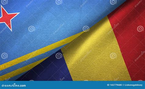 Aruba And Romania Two Flags Textile Cloth Fabric Texture Stock Photo