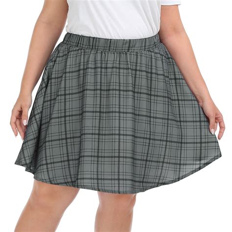 Hde Womens Plus Size Mini Skater Skirt With Elastic Waist Gray Plaid