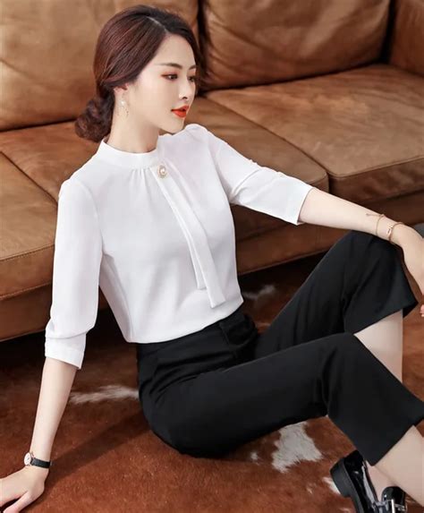 Fashion Women Business Suits With Pant And Tops Sets Office Ladies White Blouses And Shirts Half