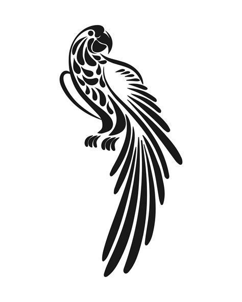 Hand drawn tropical parrot, black silhouette with ornament. Stencil ...