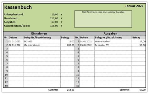 Kassenbuch Vorlage F R Excel Alle Meine Vorlagen De