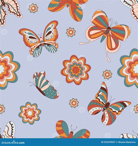 Retro Hippie Butterfly 60s 70s Seamless Pattern Stock Vector