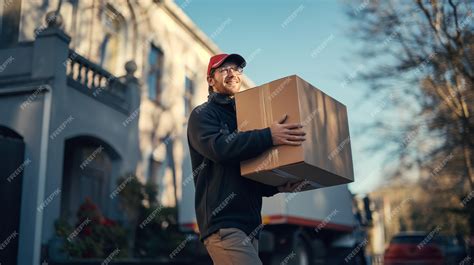 Homem De Entrega Feliz Em Uniforme Carregando Uma Caixa Enorme Até A