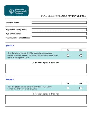 Fillable Online Pcc DUAL CREDIT SYLLABUS APPROVAL FORM Pcc Edu Fax