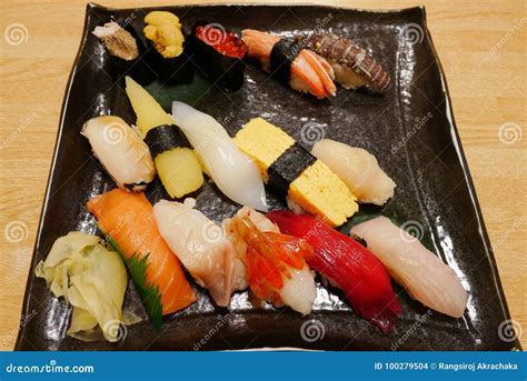 Close Up Of Luxury Sashimi Sushi Set On Black Plate In Otaru Japanese