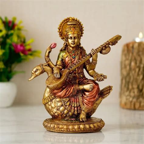 Goddess Maa Saraswati Idol Sitting On Hans Sarasvati Statue Sculpture