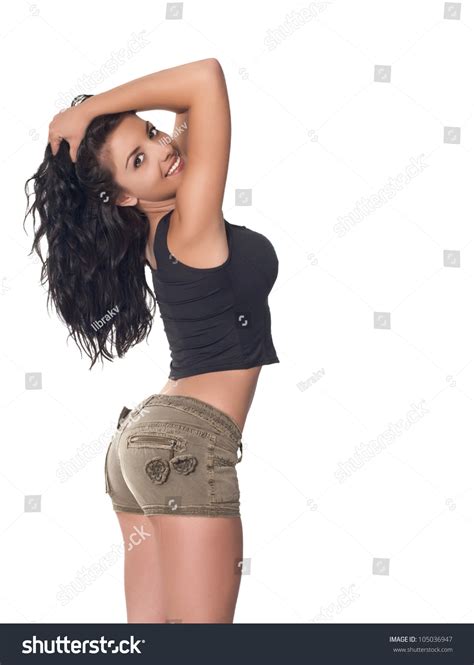 Sexy Brunette Woman Posing Hot Pants Stock Photo Shutterstock