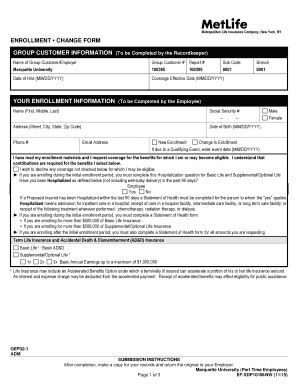 Fillable Online Marquette Basic Life Enrollment Form Part Time