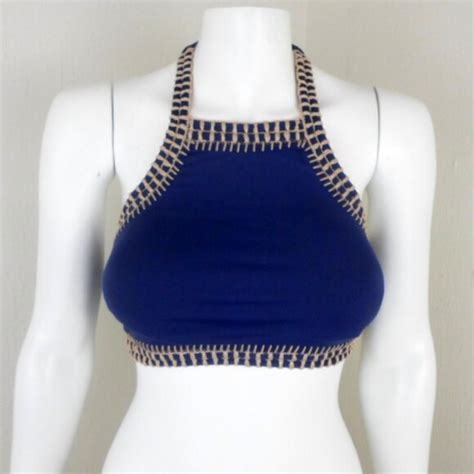 Gianni Bini Swim Gianni Bini Navy Blue Tan Crochet Trim 2 Piece Padded Halter Bikini Set