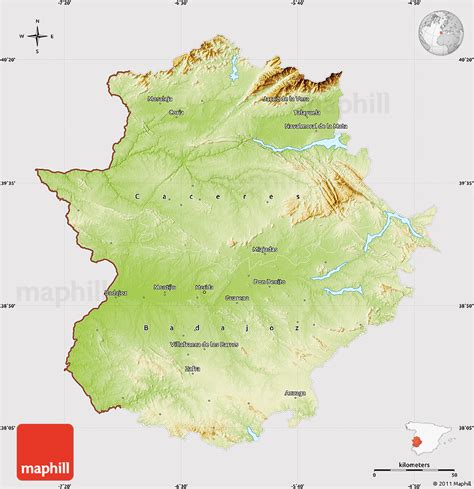 Physical Map of Extremadura, cropped outside