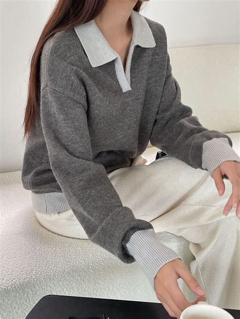 Dazy Contrast Collar Drop Shoulder Sweater Shein Usa