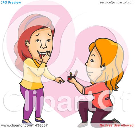 Clipart Of A Cartoon White Lesbian Woman Kneeling And Proposing To Her Girlfriend Royalty Free