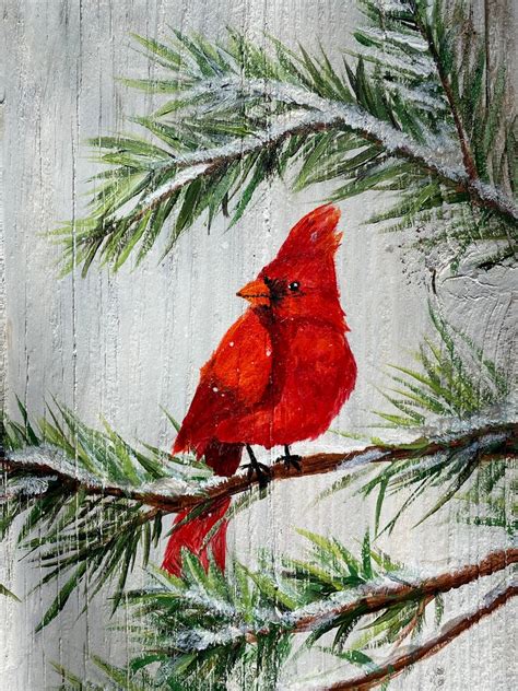 Winter Red Cardinal On Pine Branch Acrylic Painting Hand Painted