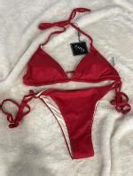 Zaful Ribbed Tie Side Tanga String Bikini Swimwear In Red Zaful