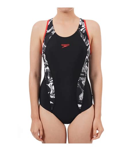 Buy Speedo Printed Fit Laneback Black White Lava Red Swimwear Online