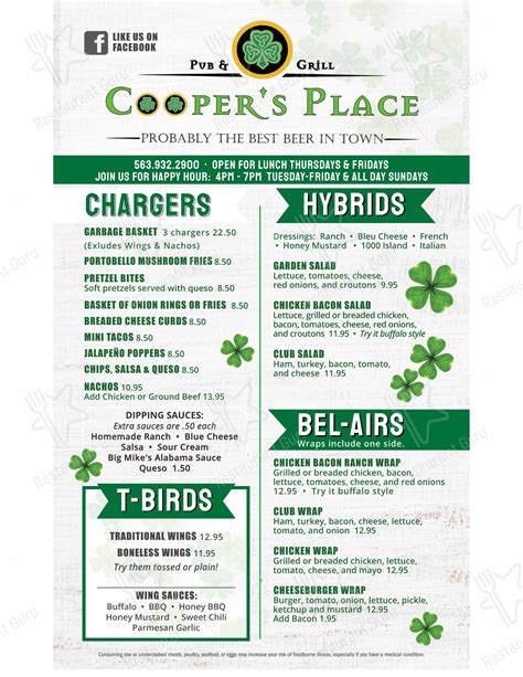 Menu at Cooper's Place Pub & Grill, Ryan