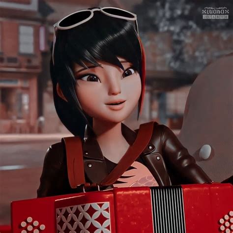 An Animated Woman With Sunglasses And A Red Accordion