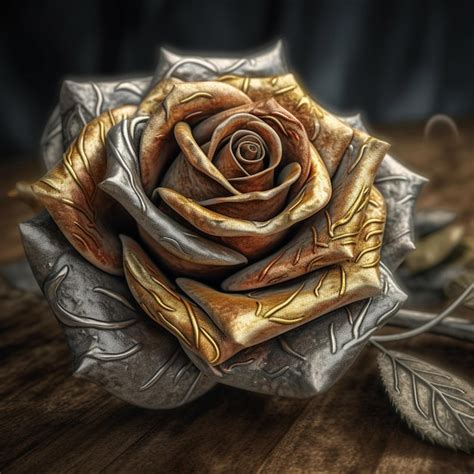 Premium Ai Image A Rose With Gold Leaves And A Silver Leaf On It