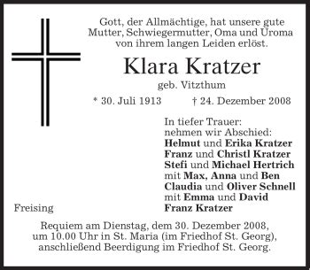 Traueranzeigen Von Klara Kratzer Trauer Merkur De