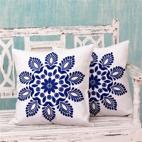 Blue And White Embroidered Floral Cushion Covers Pair Blue Delhi