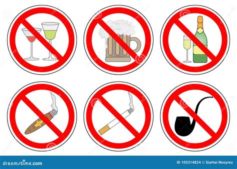 No Smoking And Drinking Alcohol Set Of Prohibition Sign Vector Stock