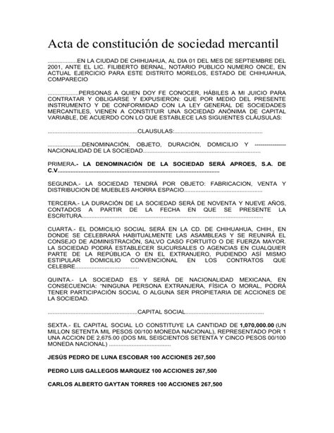 Acta De Constitucion De Sociedad Mercantil