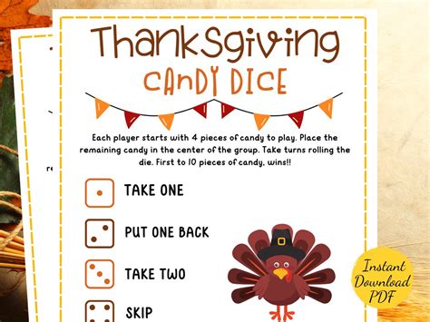 Thanksgiving Candy Dice Thanksgiving Party Game Printable Thanksgiving