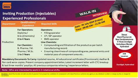 Gland Pharma Ltd Walk In Interview For Operators Chemists In