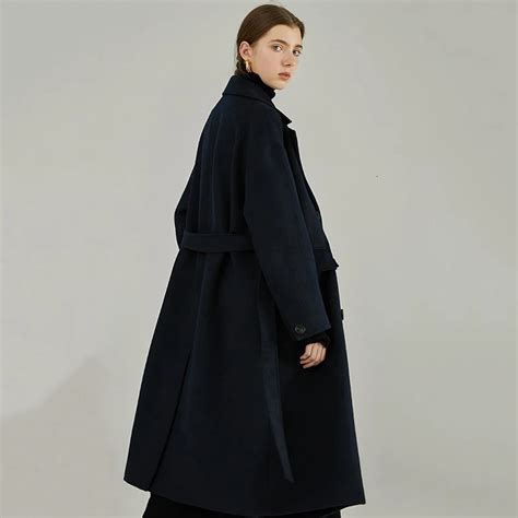 [EAM] свободное темно-синее длинное шерстяное пальто большого размера ...