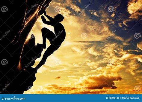 A Silhouette Of Man Free Climbing On Mountain Stock Illustration