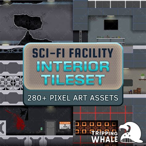 2D Interior Tileset Sci Fi Facility Hand Drawn Pixel Art Sprites