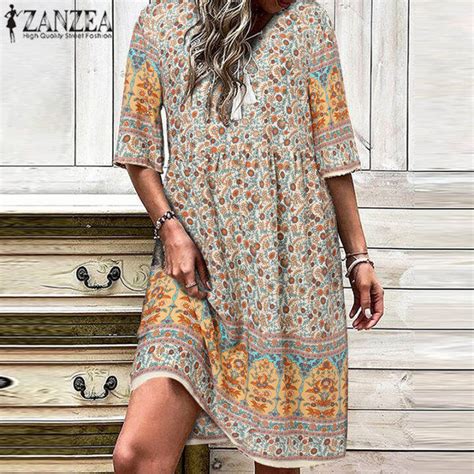 ZANZEA Women Bohemian Printed V Neck Ruffles Dresses Holiday Beach A