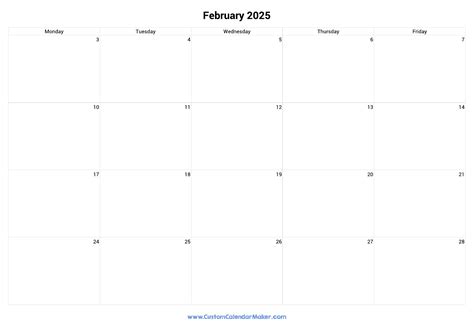 February 2025 Calendar Weekdays Only | Monday to Friday | Custom ...