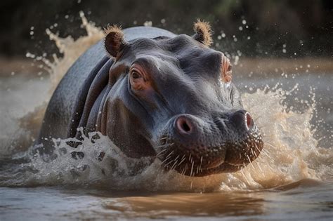 Premium AI Image | A hippo splashes in the water in a river.