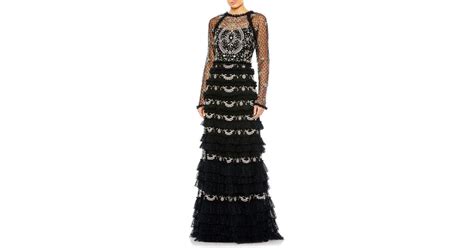 Mac Duggal Floral Embroidered Mesh Long Sleeve Column Gown In Black Lyst