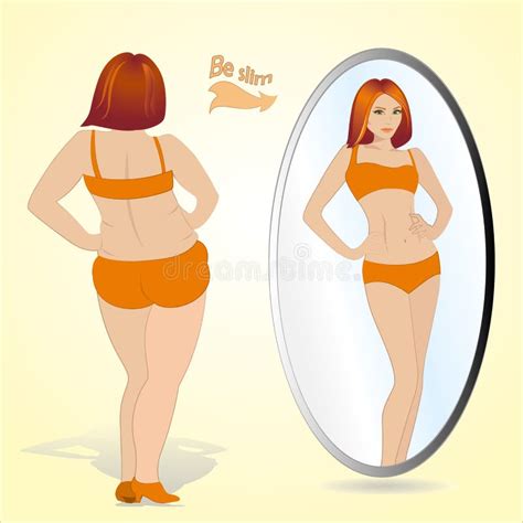 Fat Woman Looking In Mirror And Seeing Herself As Slim Stock Vector