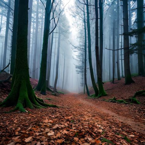 Un camino a través de un bosque con niebla y árboles Foto Premium