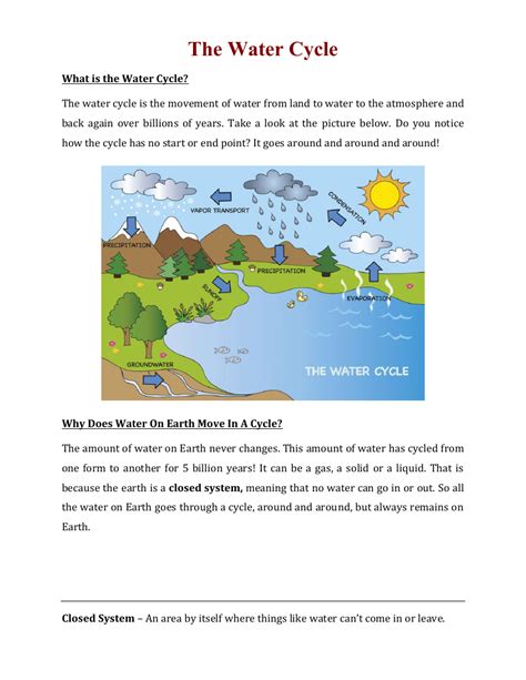 The Water Cycle Reading With Comprehension Questions Science 5th Grade