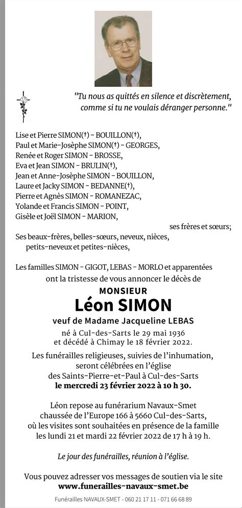 Léon Simon De Chimay Annonce De Décès Sur Enmemoirebe En Mémoire