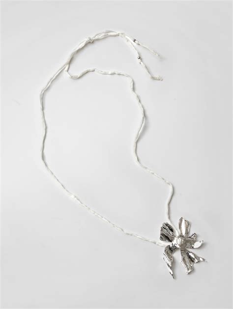 Wolf Circus Flower Silk Cord Necklace In Cream Silver Plated Flower