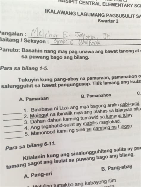 Tukuyin kung pang-abay na pamaraan, pamanahon o panlunan ang mga salitang may salungguhit sa ...