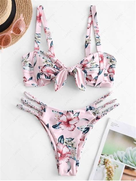 47 OFF 2021 ZAFUL Braided Pleated Plant Print Bikini Swimsuit In